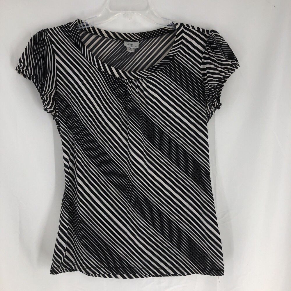 Worthington Black White Diagonal Striped Short Sleeves Blouse size Medium